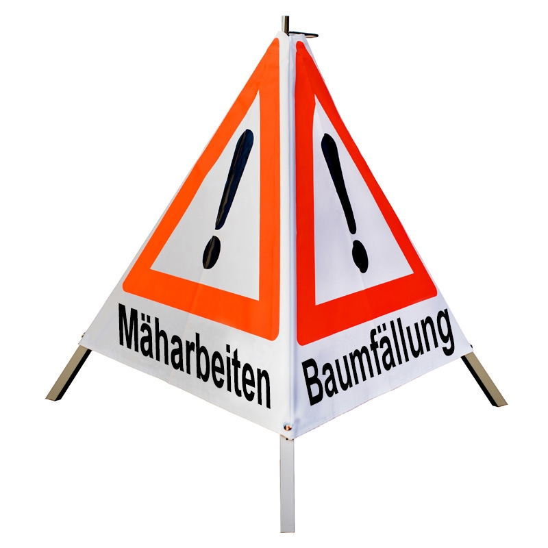 Warnpyramide/Faltsignal - Mäharbeiten / Baumfällung / Maschineneinsatz - VZ101-Ausrufezeichen