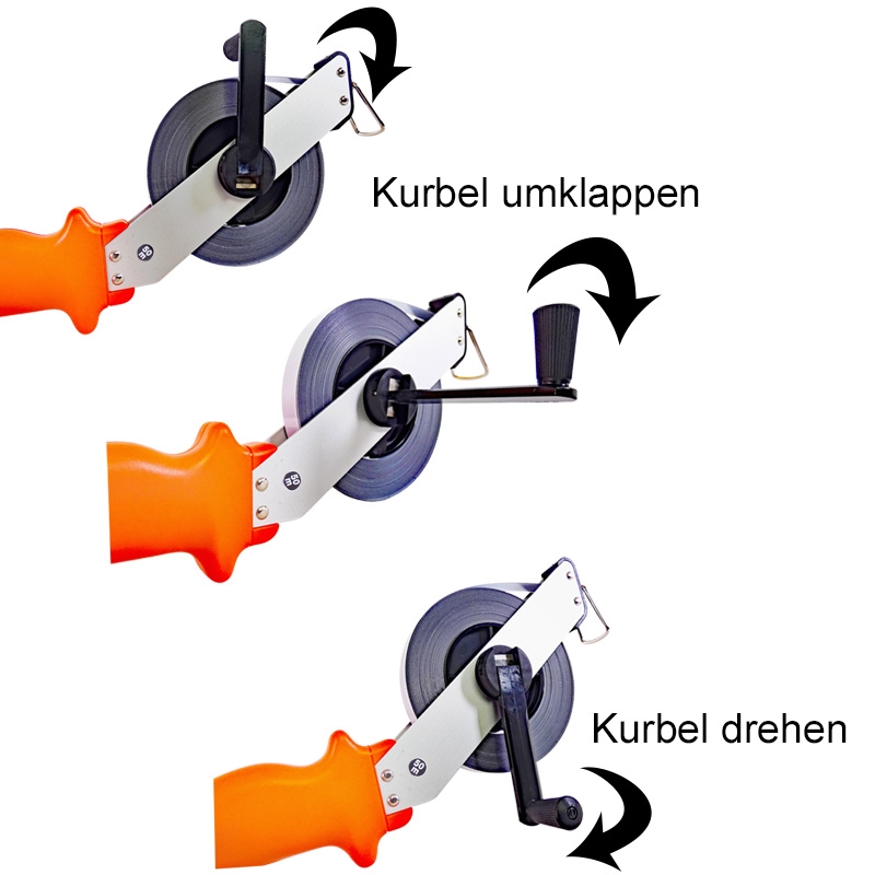 Stahl-Bandmaß 50 m weißlackiert in Alu-Schrägrahmen, Anfang "A" mm-Teilung