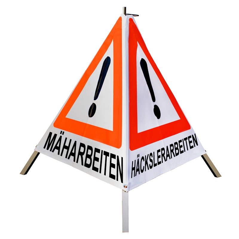 Warnpyramide/Faltsignal - MÄHARBEITEN / HÄCKSLERARBEITEN / BAUMFÄLLUNG - VZ101-Ausrufezeichen
