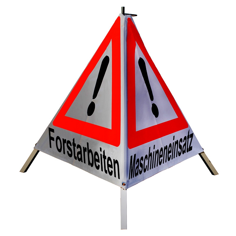 Warnpyramide/Faltsignal - Forstarbeiten / Maschineneinsatz /Mäharbeiten - VZ101-Ausrufezeichen