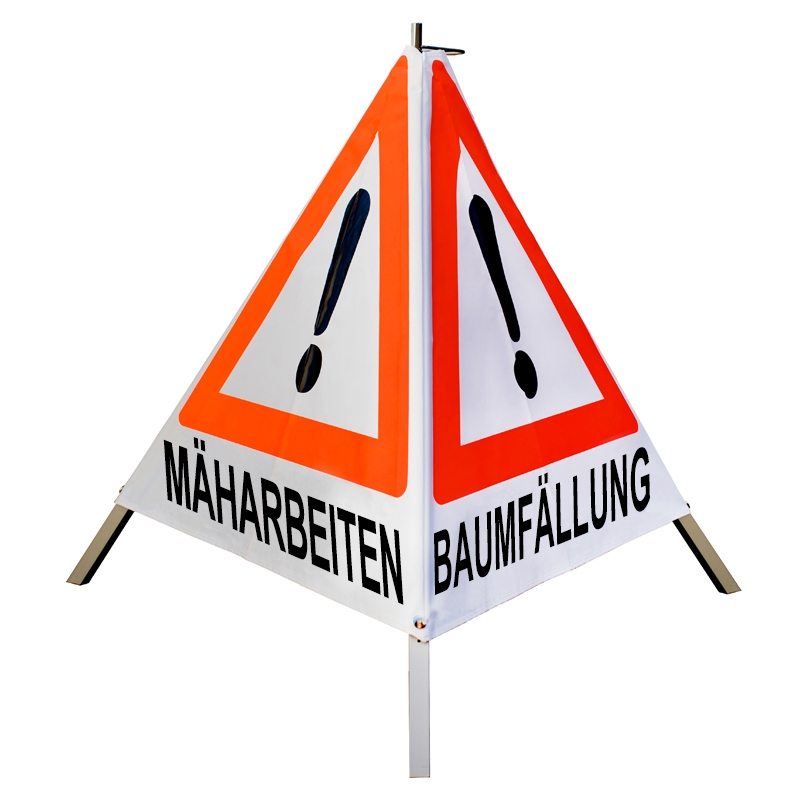 Warnpyramide/Faltsignal - MÄHARBEITEN/ BAUMFÄLLUNG/ ÖLSPUR - VZ101-Ausrufezeichen Warnpyramide/Faltsignal - MÄHARBEITEN/ BAUMFÄLLUNG/ ÖLSPUR - VZ101-Ausrufezeichen