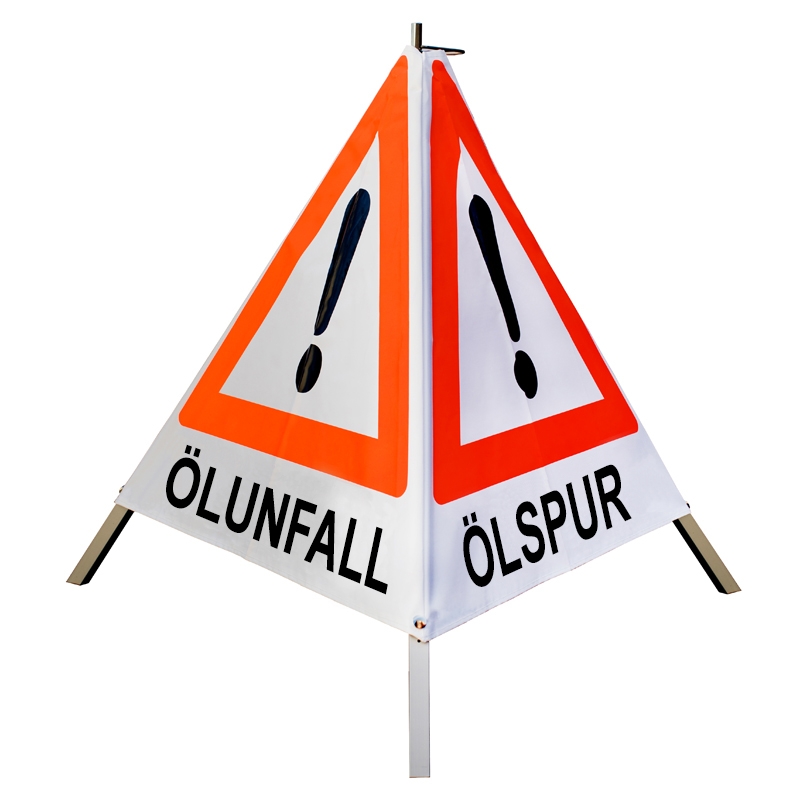 Warnpyramide/Faltsignal - ÖLSPUR / ÖLUNFALL / UNFALL - VZ101-Ausrufezeichen Warnpyramide/Faltsignal - ÖLSPUR / ÖLUNFALL / UNFALL - VZ101-Ausrufezeichen