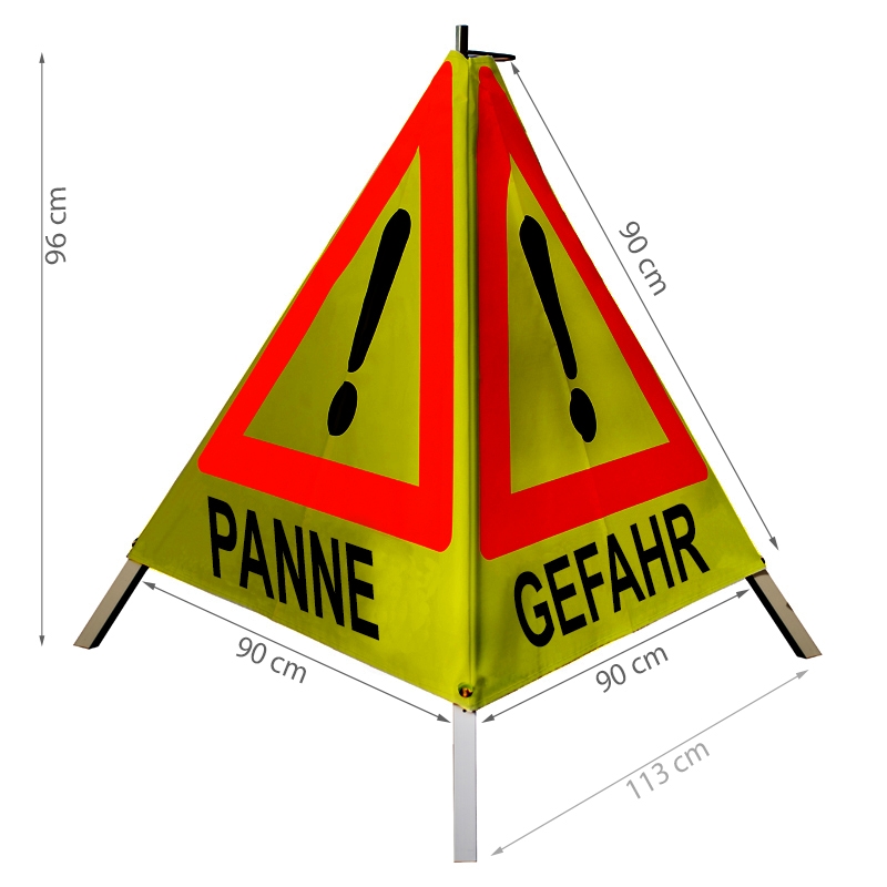 Warnpyramide 90 cm, schwer mit Feder, gelb retro-reflektierend, "UNFALL / PANNE / GEFAHR" (VZ101)