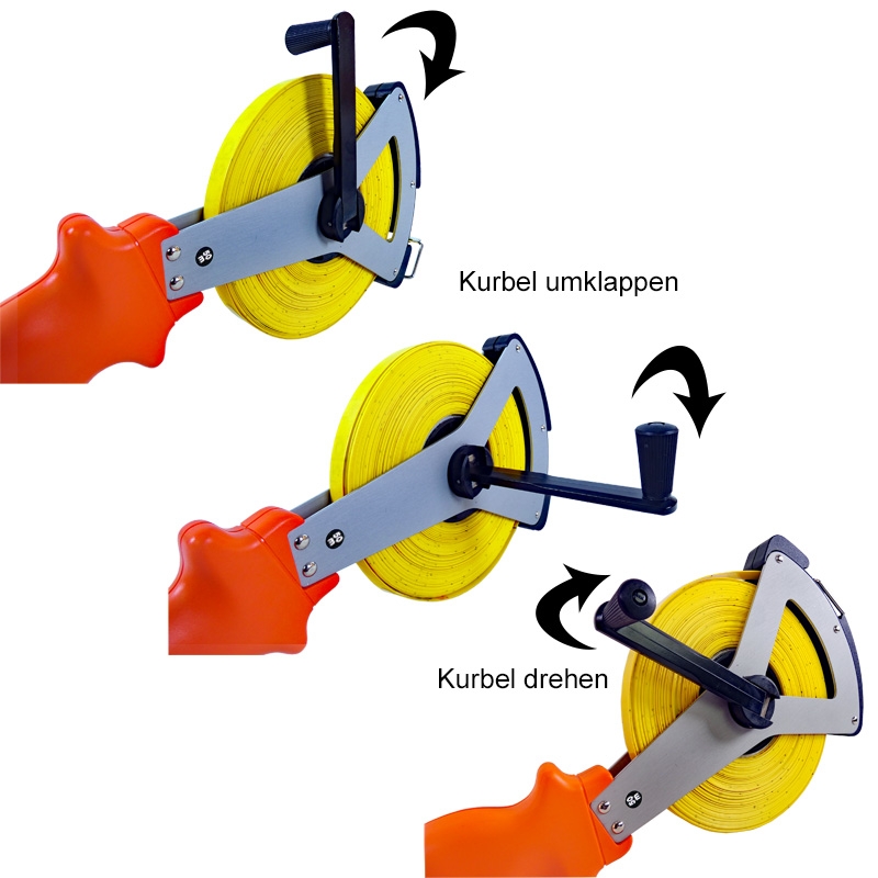 Glasfaser-Bandmaß 50 m in Alu-V-Rahmen, Anfang "A" cm-Teilung