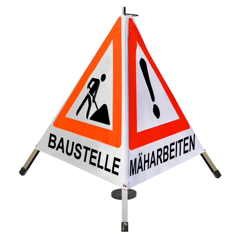 Warnpyramide/Faltsignal - BAUMFÄLLUNG (VZ101) / MÄHARBEITEN (VZ101) / BAUSTELLE(VZ123)