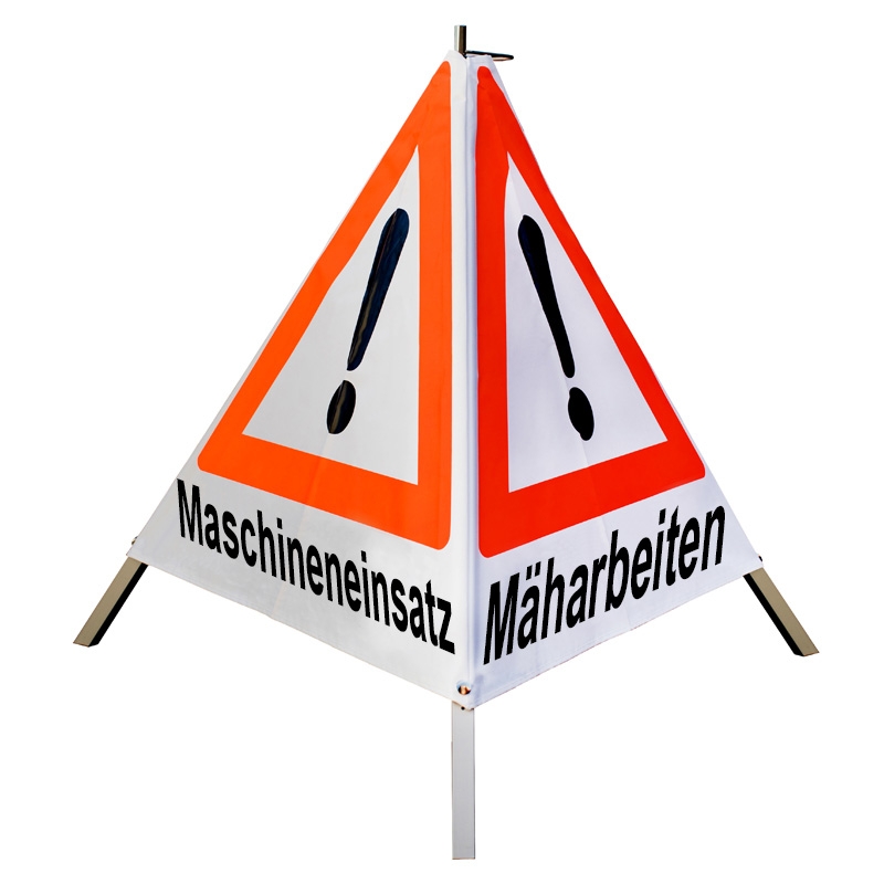 Warnpyramide/Faltsignal - Mäharbeiten / Baumfällung / Maschineneinsatz - VZ101-Ausrufezeichen