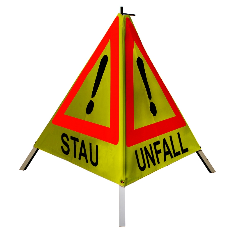 Warnpyramide 90 cm, schwer mit Feder, gelb retro-reflektierend, "STAU / UNFALL / ÖLSPUR" (VZ101)