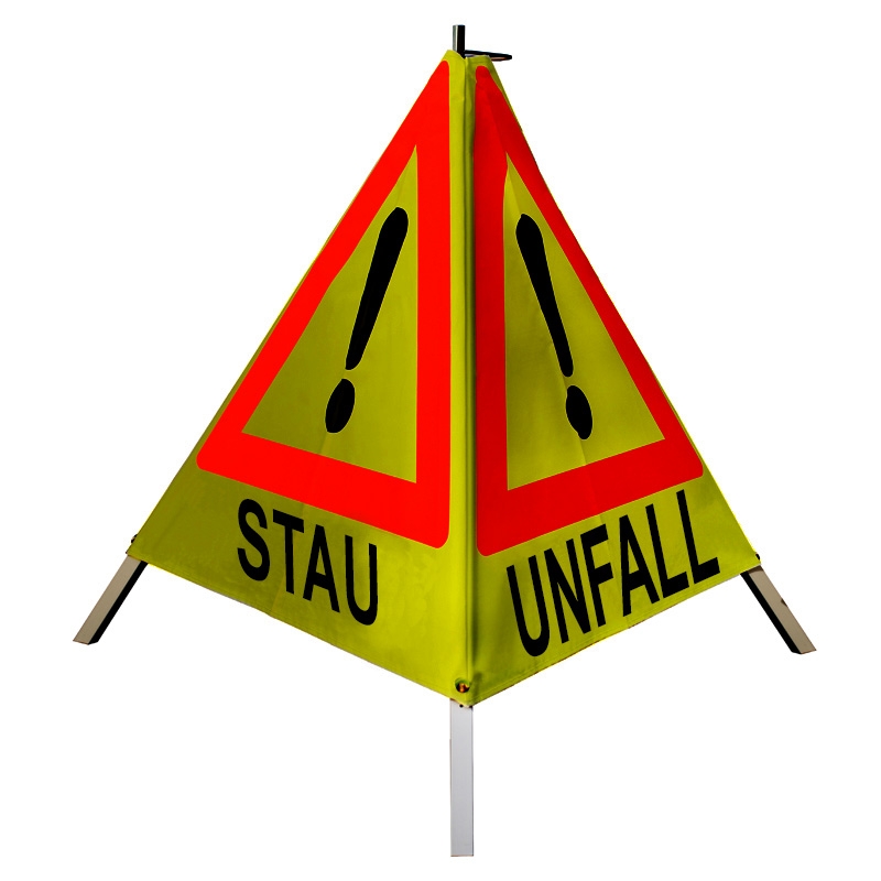 Warnpyramide 90 cm, "STAU / UNFALL / ÖLSPUR" leicht gelb retro-refl. (Ausrufezeichen-VZ101)