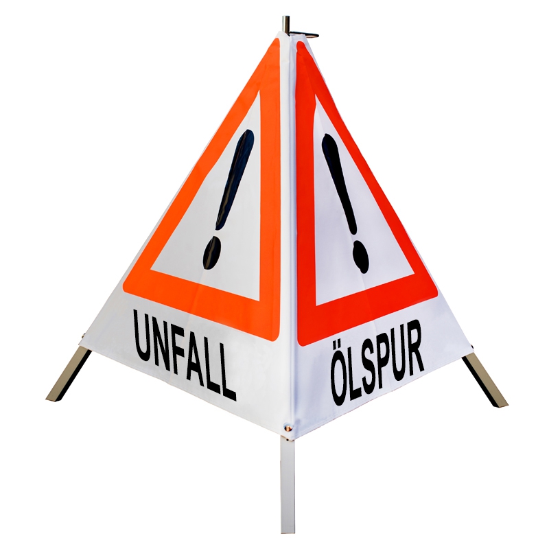 Warnpyramide/Faltsignal - UNFALL / ÖLSPUR / STEINSCHLAG - VZ101-Ausrufezeichen