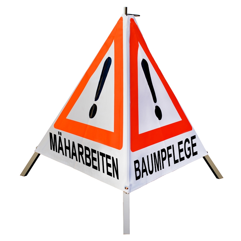 Warnpyramide/Faltsignal - MÄHARBEITEN / BAUMPFLEGE / MASCHINENEINSATZ - VZ101Ausrufezeichen