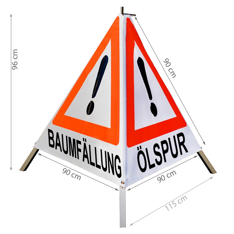 Warnpyramide/Faltsignal - MÄHARBEITEN/ BAUMFÄLLUNG/ ÖLSPUR - VZ101-Ausrufezeichen Warnpyramide/Faltsignal - MÄHARBEITEN/ BAUMFÄLLUNG/ ÖLSPUR - VZ101-Ausrufezeichen