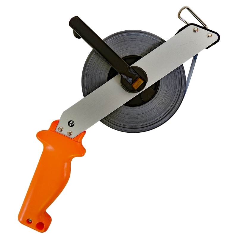 Stahl-Bandmaß 50 m weißlackiert in Alu-Schrägrahmen, Anfang "B" mm-Teilung Stahl-Bandmaß 50 m weißlackiert in Alu-Schrägrahmen, Anfang "B" mm-Teilung