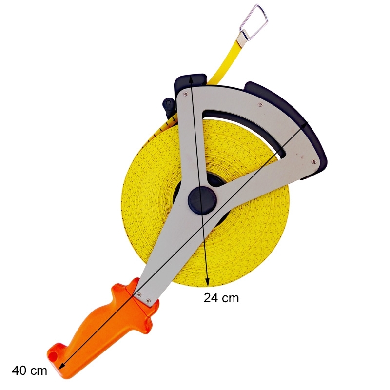 Glasfaser-Bandmaß 50 m in Alu-V-Rahmen, Anfang "B" cm-Teilung