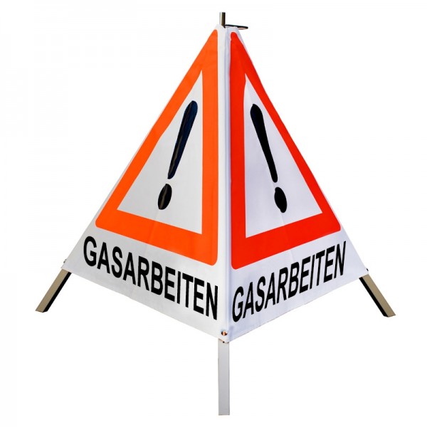 Warnpyramide/ Faltsignal 90 cm - Achtung(VZ101) "GASARBEITEN" - weiß tagesl., schwer