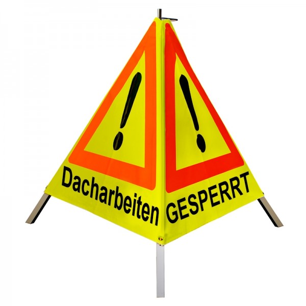 Warnpyramide 70 cm - (VZ101)&(VZ123) "Dacharbeiten/ GESPERRT/ BAUSTELLE" - tagesl. gelb, leicht