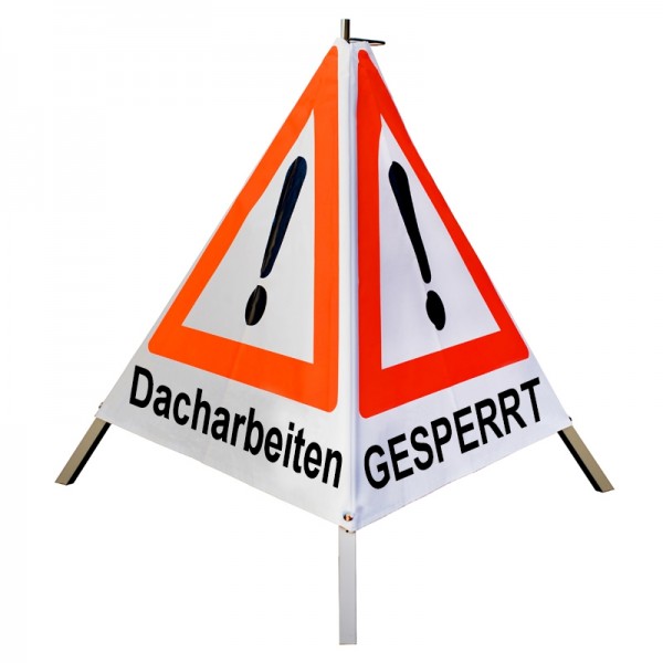 Warnpyramide 70 cm - (VZ101)&(VZ123) "Dacharbeiten/GESPERRT/BAUSTELLE" - tagesl. weiß, leicht