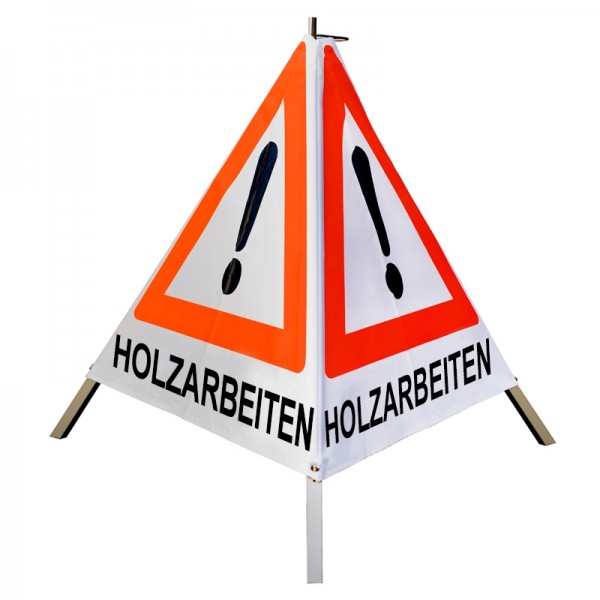 Warnpyramide/ Faltsignal 90 cm - Achtung(VZ101) "HOLZARBEITEN" - weiß tagesl., leicht