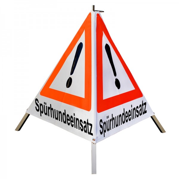 Warnpyramide/ Faltsignal Achtung(VZ101) "SPÜRHUNDEINSATZ" 90cm - leicht mit Mittelfuß, weiß tagesl.