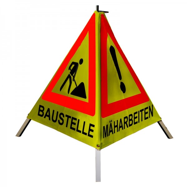 Warnpyramide/ Faltsignal BAUMFÄLLUNG MÄHARBEITEN(VZ101) BAUSTELLE(VZ12), 90cm schwer, gelb-retro
