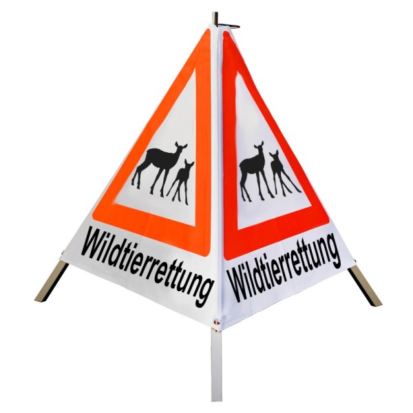 Warnpyramide 90 cm - (Sonderzeichen: Wildtiere) "Wildtierrettung" - weiß tagesl., leicht