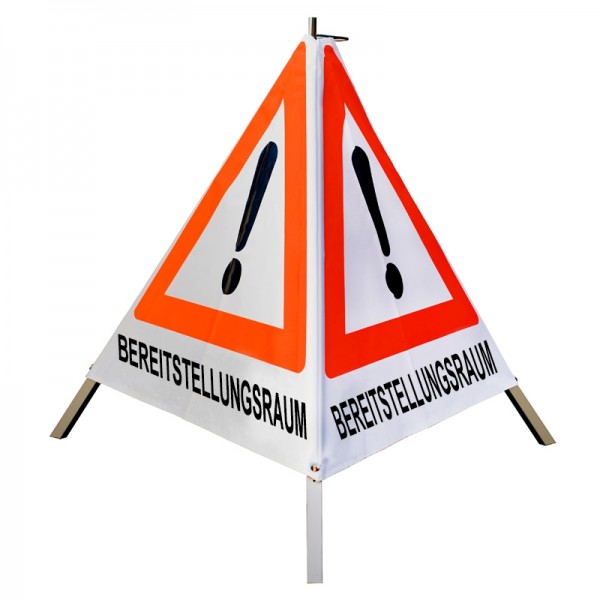 Warnpyramide/ Faltsignal 90cm - Achtung(VZ101) "BEREITSTELLUNGSRAUM" - leicht Mittelfuß, weiß tagesl