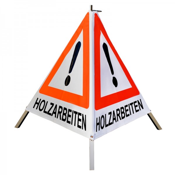 Warnpyramide/ Faltsignal 70 cm - Achtung(VZ101) "HOLZARBEITEN" - weiß tagesl. leicht