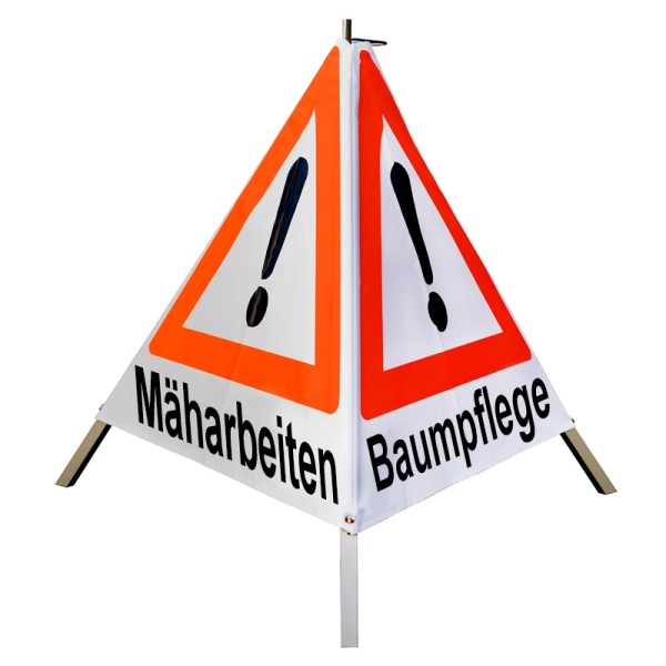 Warnpyramide 70 cm - (VZ101)&(VZ123) "Mäharbeiten/Baumpflege/Baustelle" - tagesl. weiß, leicht