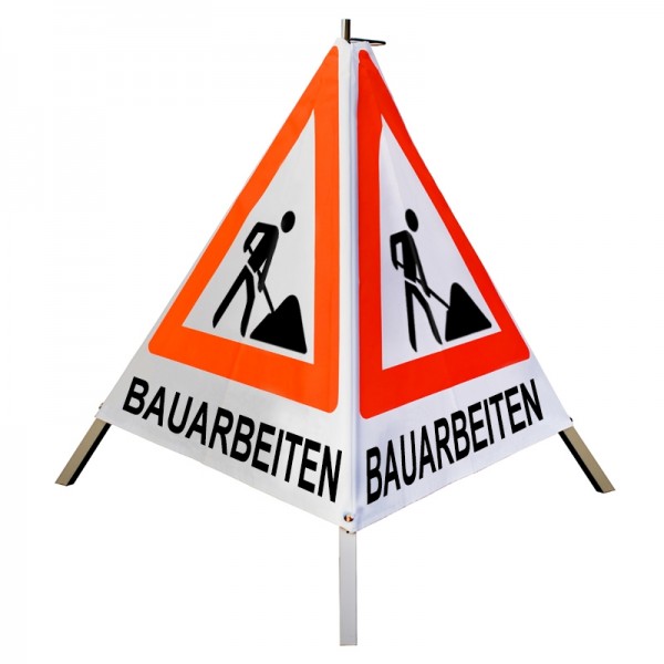 Warnpyramide/ Faltsignal Schaufelmann(VZ123) "BAUARBEITEN" 90cm - weiß tagesleuchtend