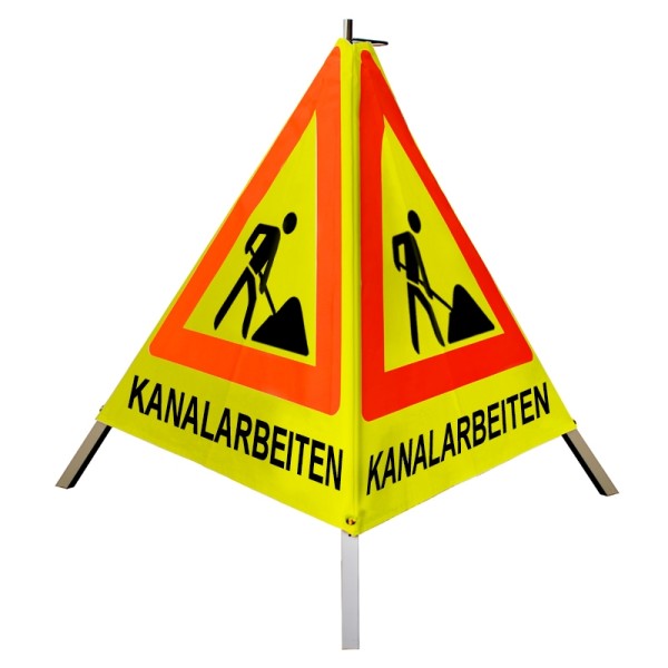 Warnpyramide/ Faltsignal 70 cm - Schaufelmann(VZ123) "KANALARBEITEN" - tagesl. gelb, leicht