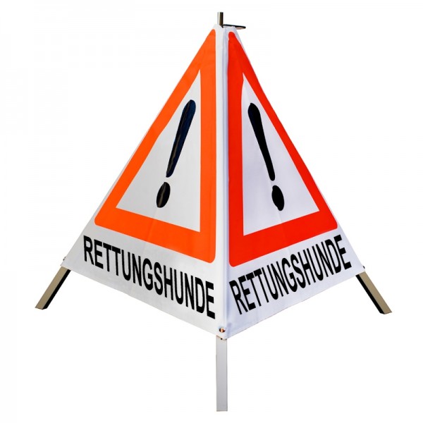 Warnpyramide/ Faltsignal 90 cm -Achtung (VZ101) "RETTUNGSHUNDE" - weiß tagesl. - leicht Mittelfuß