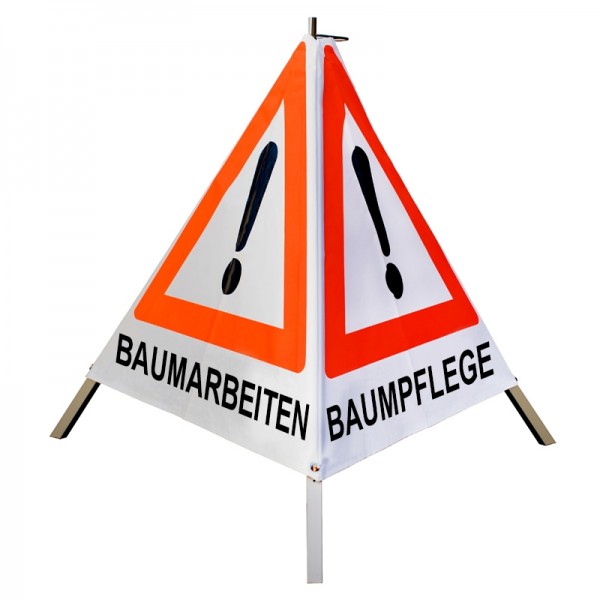 Warnpyramide 90cm - Achtung(VZ101) "BAUMARBEITEN/BAUMPFLEGE/BAUMFÄLLUNG" - weiß tagesl., leicht