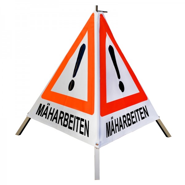 Warnpyramide/ Faltsignal 70 cm - Achtung(VZ101) "MÄHARBEITEN" - weiß tagesl. leicht