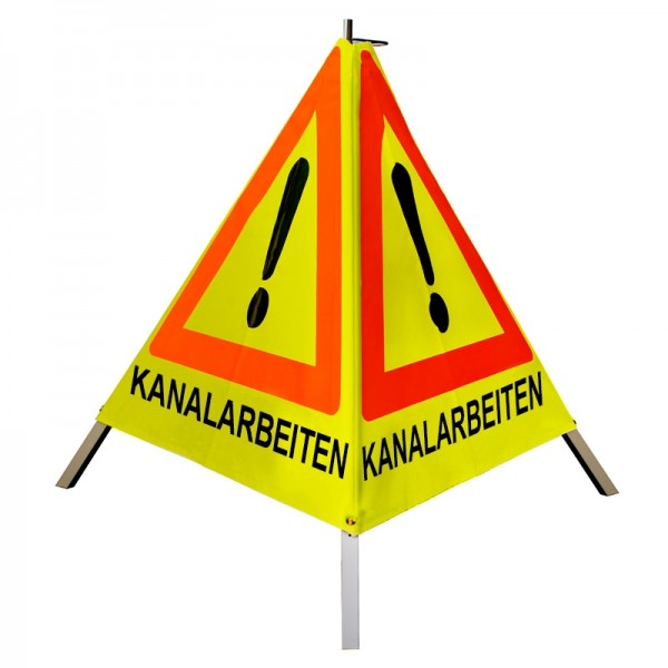 Warnpyramide/ Faltsignal Achtung(VZ101) "KANALARBEITEN" 70cm - gelb tagesl. - leicht m. Mittelfuß