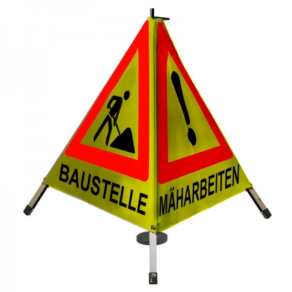 Warnpyramide 70 cm - (VZ101)&(VZ123) "BAUMFÄLLUNG/ MÄHARBEITEN/ BAUSTELLE"- gelb retro, Magnetfuß