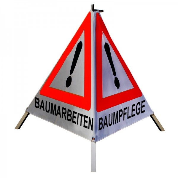 Warnpyramide 90cm - Achtung(VZ101) "BAUMARBEITEN/BAUMPFLEGE/BAUMFÄLLUNG" - weiß retro, schwer