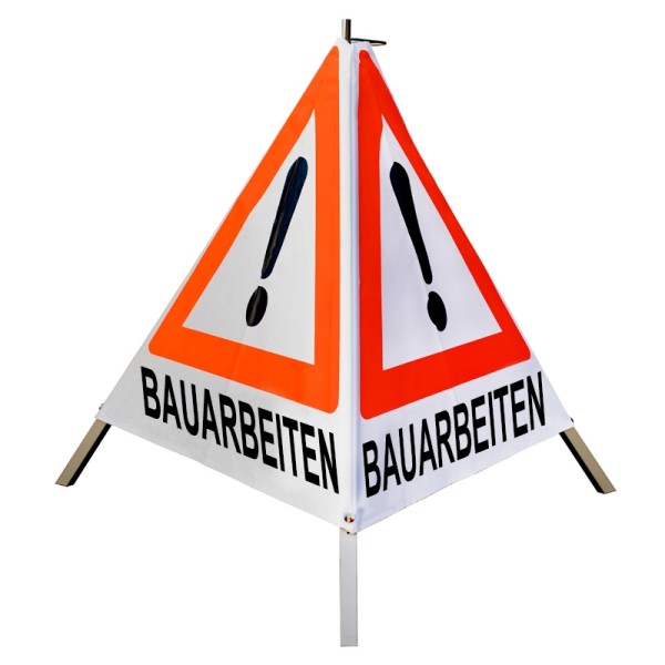 Warnpyramide / Faltsignal 90 cm - Achtung(VZ101) "BAUARBEITEN" - weiß tagesl., schwer
