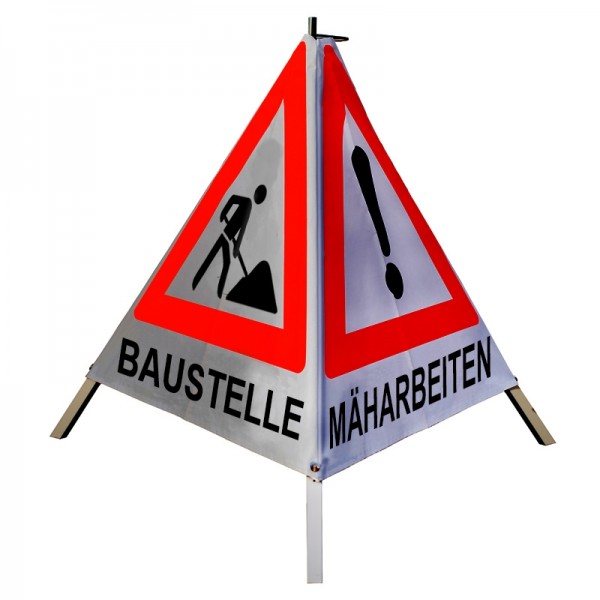 Warnpyramide 90 cm - (VZ101)&(VZ123) "BAUMFÄLLUNG/ MÄHARBEITEN/ BAUSTELLE" -retro-refl. weiß, leicht