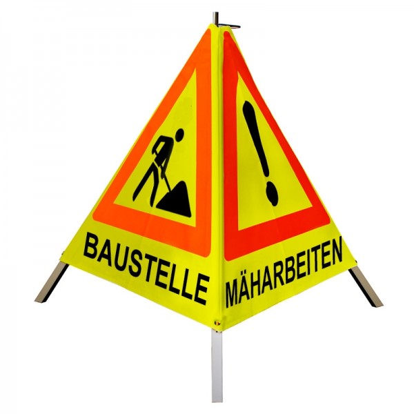 Warnpyramide 70 cm - (VZ101)&(VZ123) "BAUMFÄLLUNG/ MÄHARBEITEN/ BAUSTELLE" - tagesl. gelb, leicht