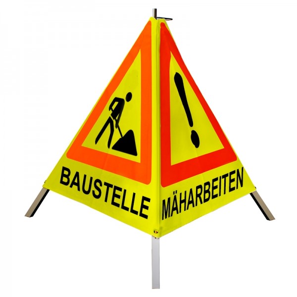 Warnpyramide 90 cm - (VZ101)&(VZ12) "BAUMFÄLLUNG/ MÄHARBEITEN/ BAUSTELLE" - tagesl. gelb, schwer