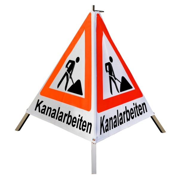 Warnpyramide/ Faltsignal 90 cm - Schaufelmann(VZ123) "Kanalarbeiten" - weiß tagesl., schwer