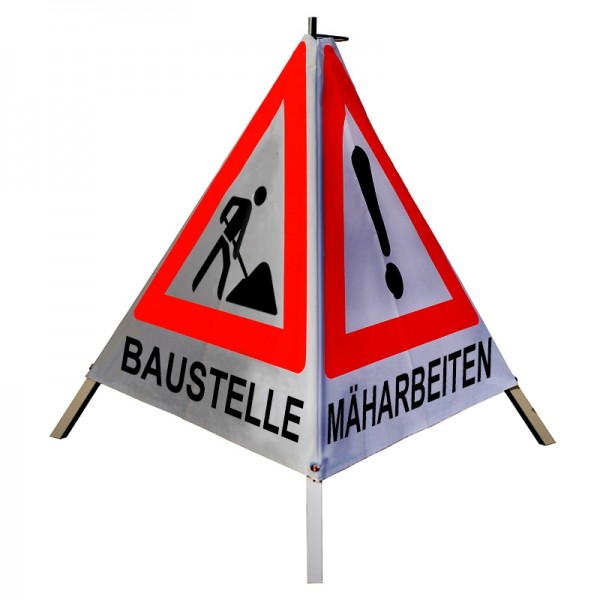 Warnpyramide/ Faltsignal BAUMFÄLLUNG MÄHARBEITEN (VZ101) BAUSTELLE (VZ123), 90cm schwer, weiß-retro
