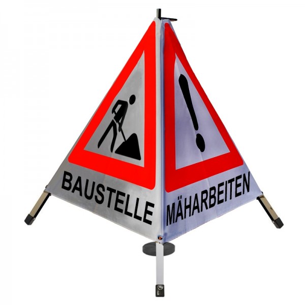 Warnpyramide 70 cm - (VZ101)&(VZ123) "BAUMFÄLLUNG/ MÄHARBEITEN/ BAUSTELLE" - weiß retro, Magnetfuß
