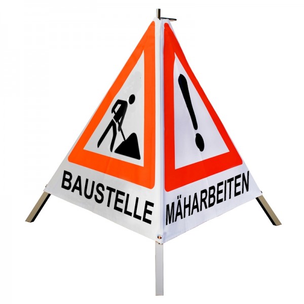 Warnpyramide/ Faltsignal 90cm - (VZ101)&(VZ12) "BAUMFÄLLUNG /MÄHARBEITEN /BAUSTELLE" - weiß, schwer