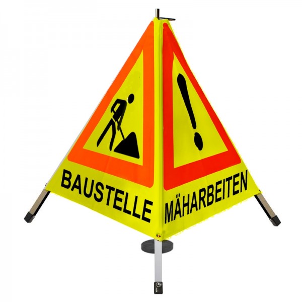 Warnpyramide 70 cm - (VZ101)&(VZ123) "BAUMFÄLLUNG/ MÄHARBEITEN/ BAUSTELLE" - tagesl. gelb, Magnetfuß
